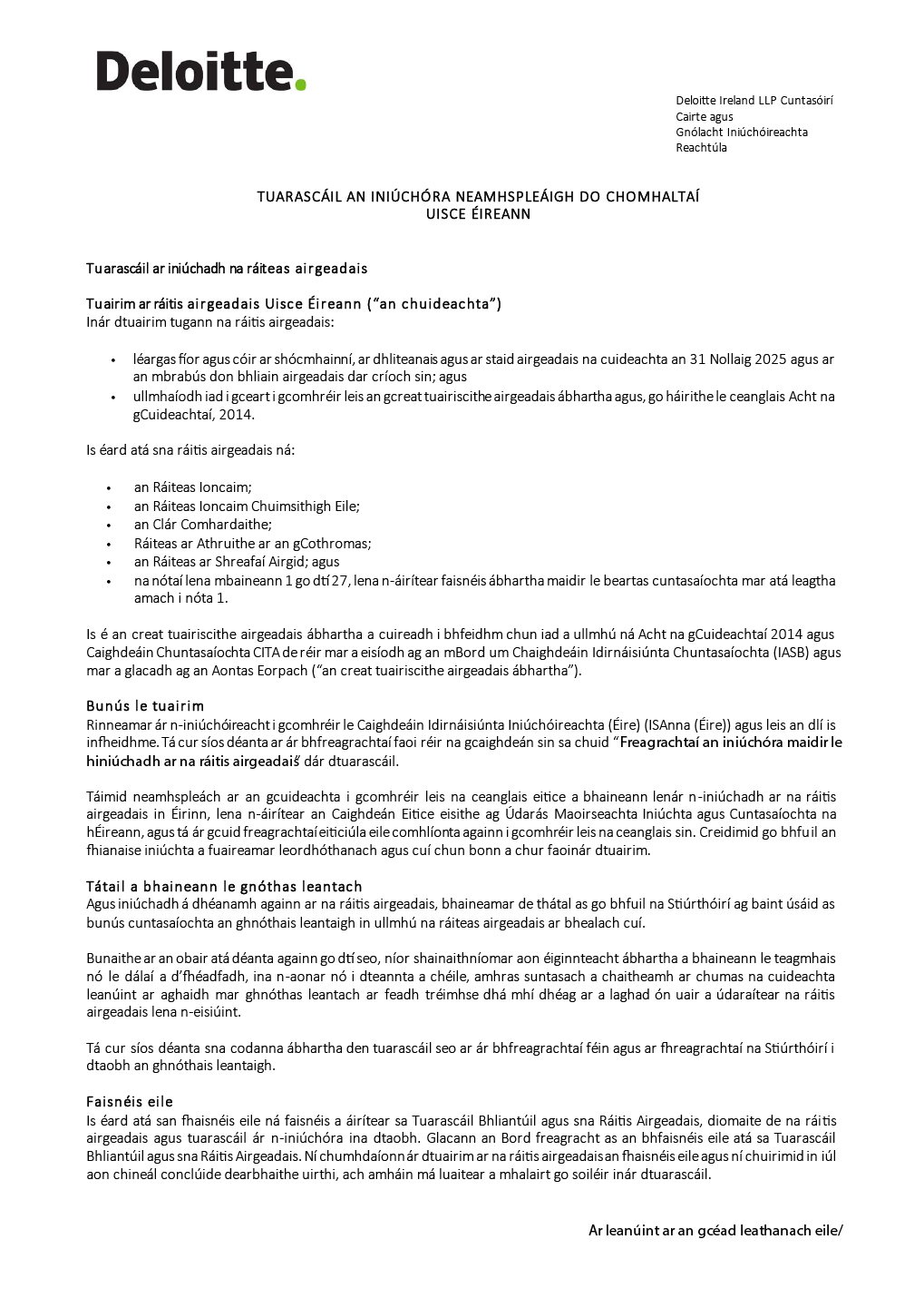 Clúdach Thuarascáil Iniúchta Deloitte.
