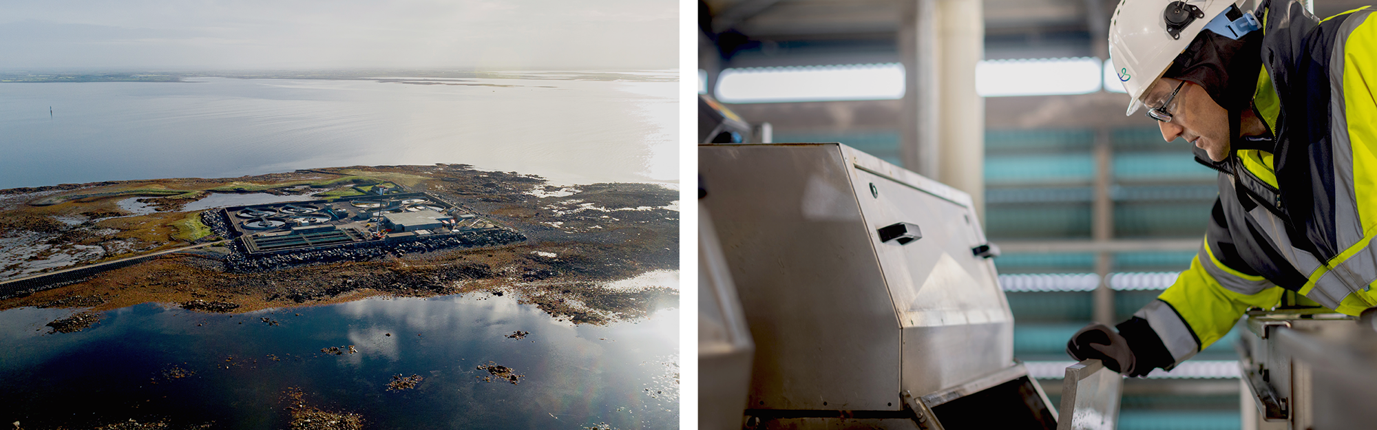 Mutton Island Wastewater Treatment Plant, Galway. Aerial Drone shot of island and sun shining on the sea around it.