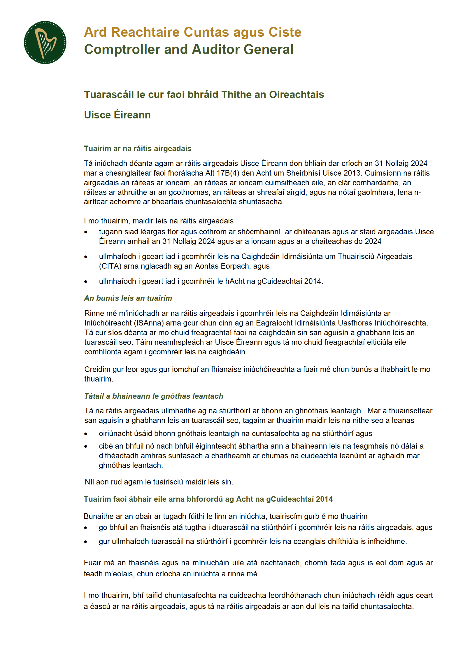 Clúdach Thuarascáil Iniúchta an Ard-Reachtaire Cuntas agus Ciste.