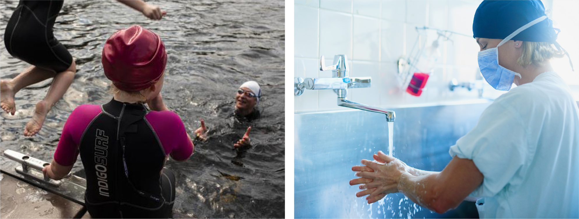 Two pictures next to each other, one showing a pier setting with one person in the water as another jumps in. Another swimmer is looking on. All are wearing wetsuits and swim hats. The other picture is showing a medical setting with medical professional with full gown up washing hands at a large medical handwashing facility.
