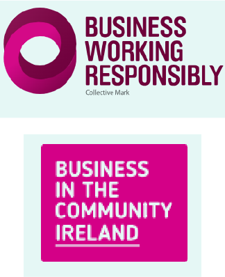 Logos of 'Business Working Responsibly' and 'Business in the Community Ireland.'