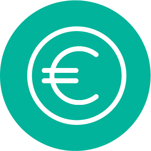 A teal circular icon with a white euro currency symbol inside.