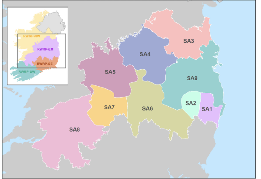 A map of Ireland highlighting the eastern midlands study areas