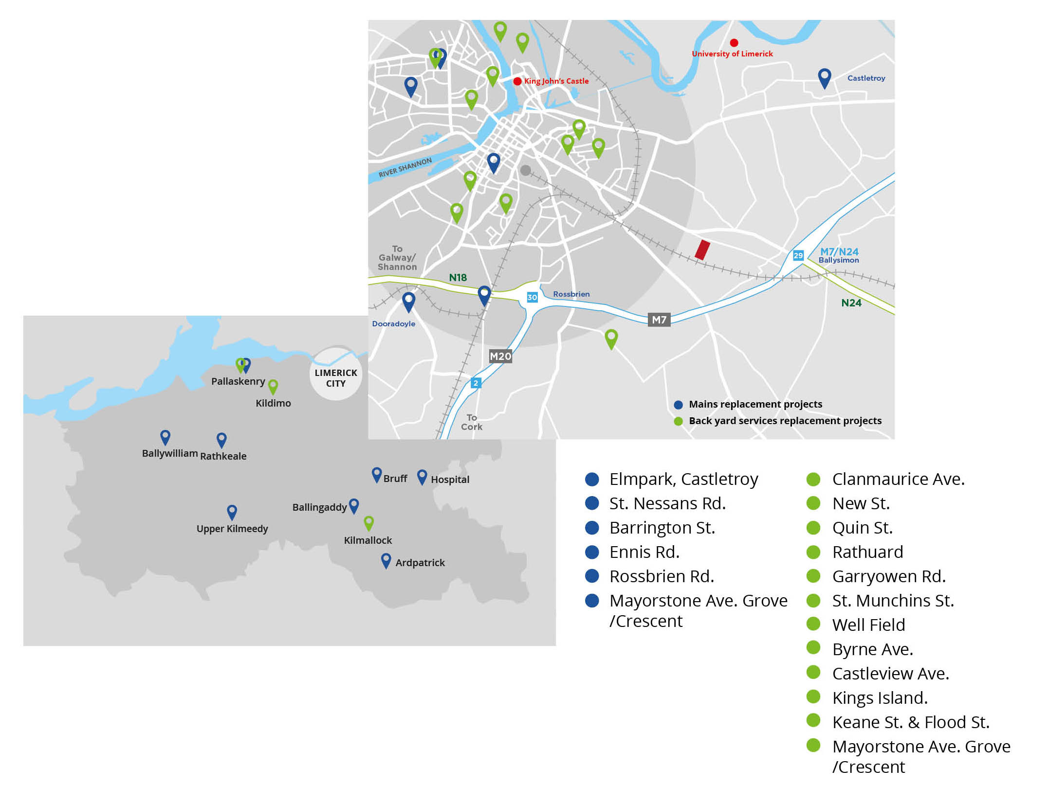 Limerick map with pins with greens for back yard services and blues for mains replacement