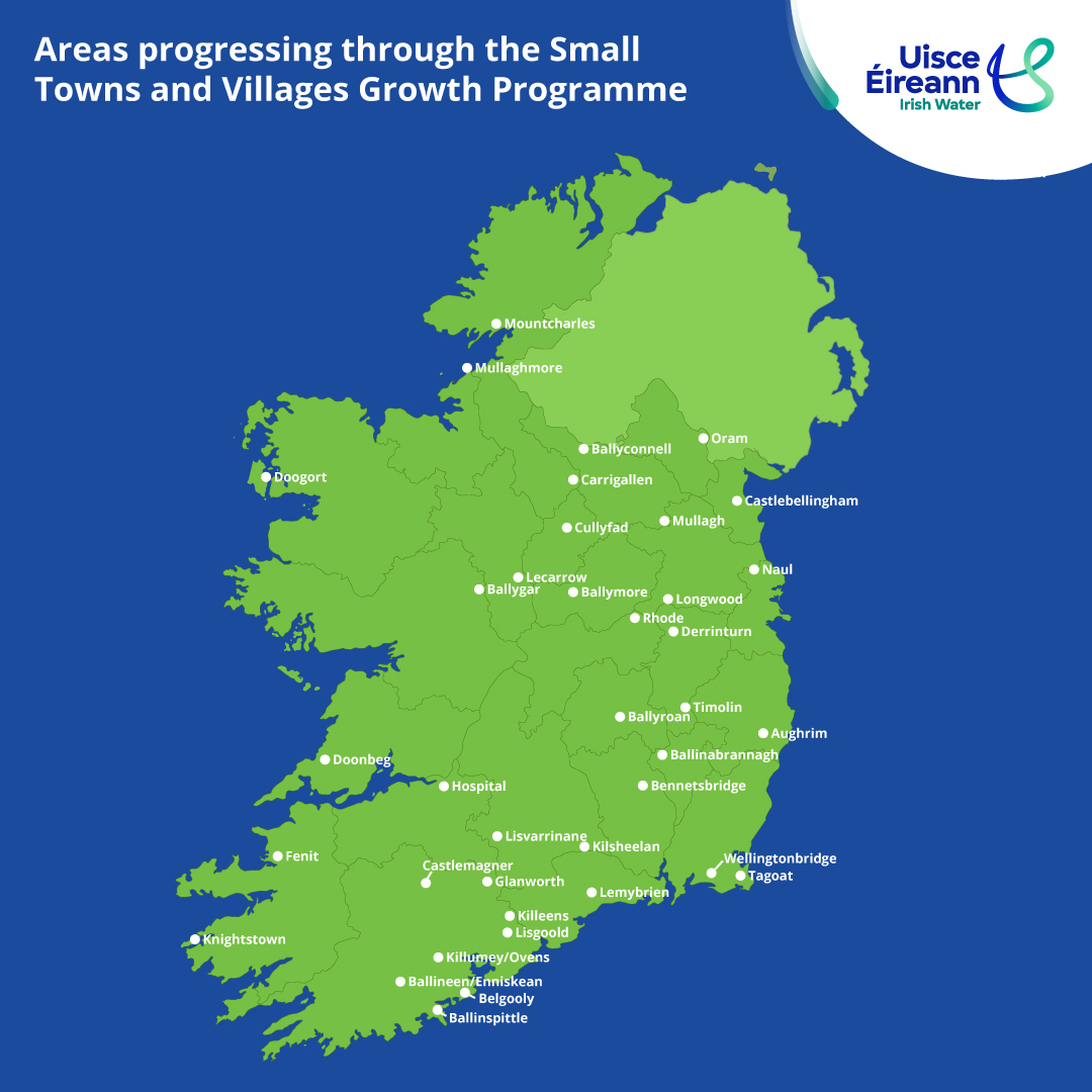 Map of Ireland with highlighted pins of small towns and villages for the growth programme