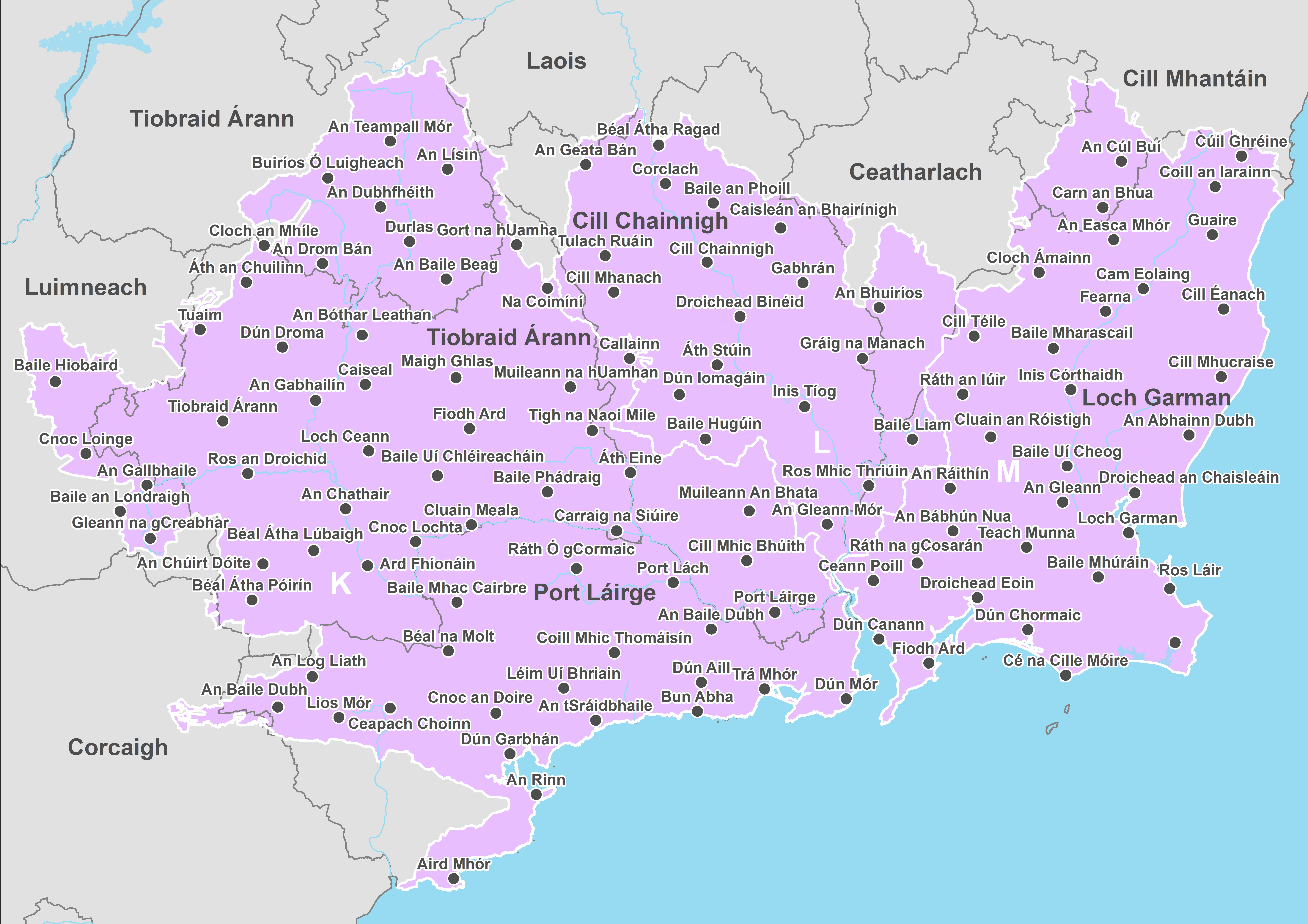Close up map of Ireland zoomed into Waterford, Wexford and Kilkenny with different pins of towns