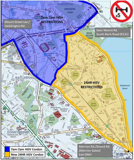 Map highlighting restrictions for Mount Street and Haddington Road, Merrion Road and Strand Road and Sean Moore Road and South Bank Road