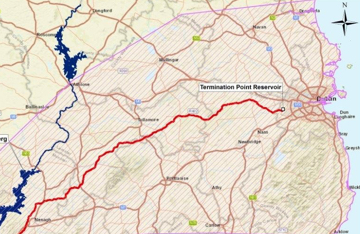 Map for termination point reservior from Dublin to midlands