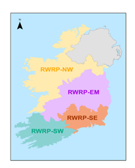 Ireland map with regions highlighted with labels