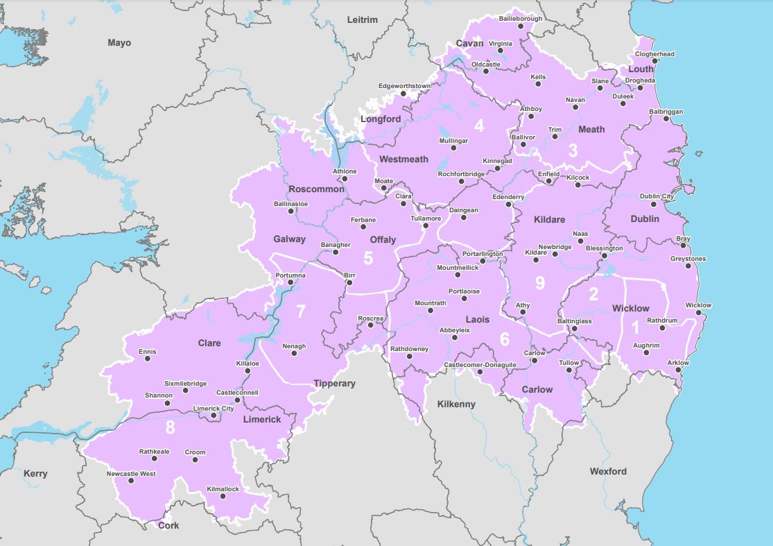 Map of Ireland highlighting easter midlands in purple with pins of towns