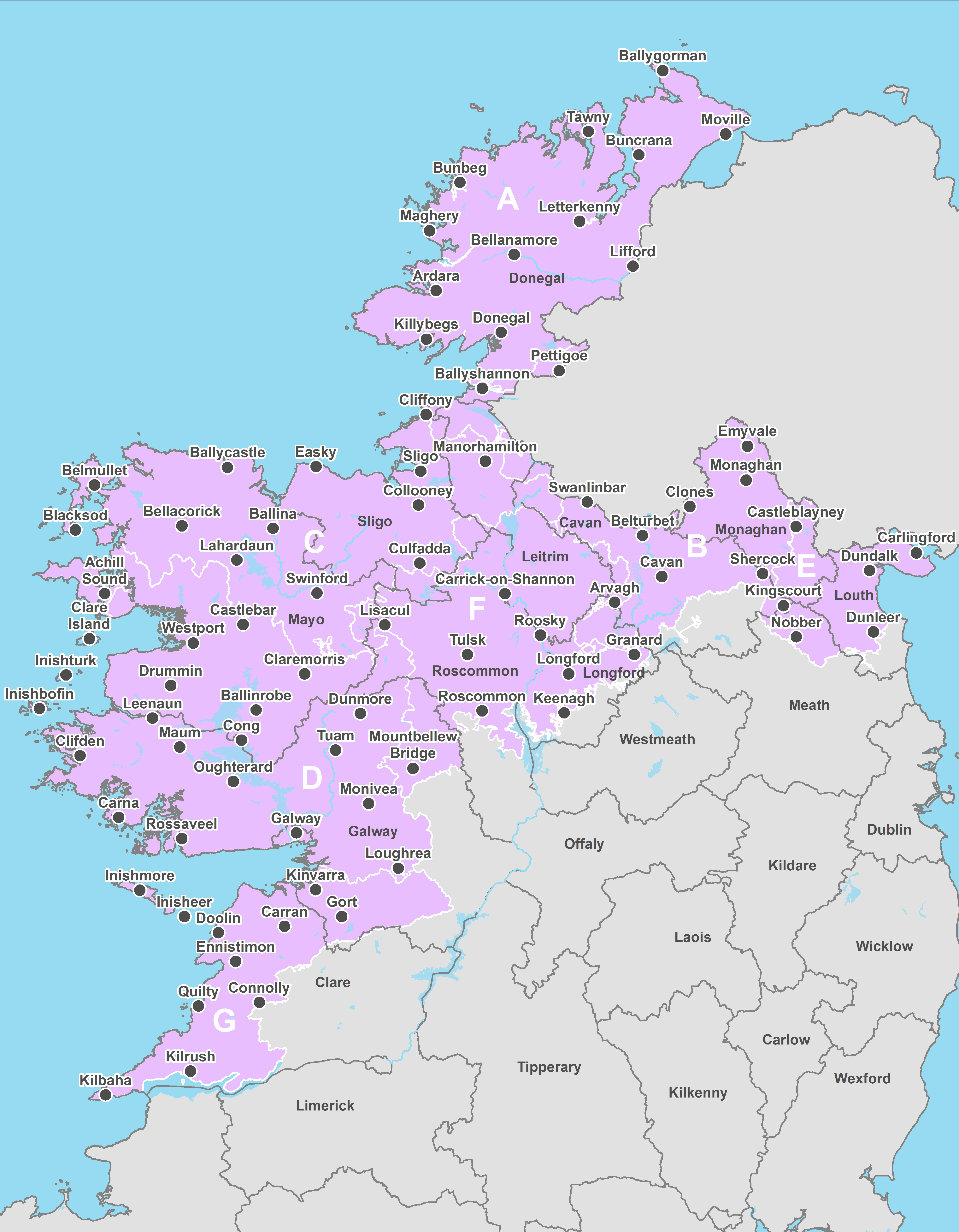 Map of Ireland highlighting towns as pins on the north west