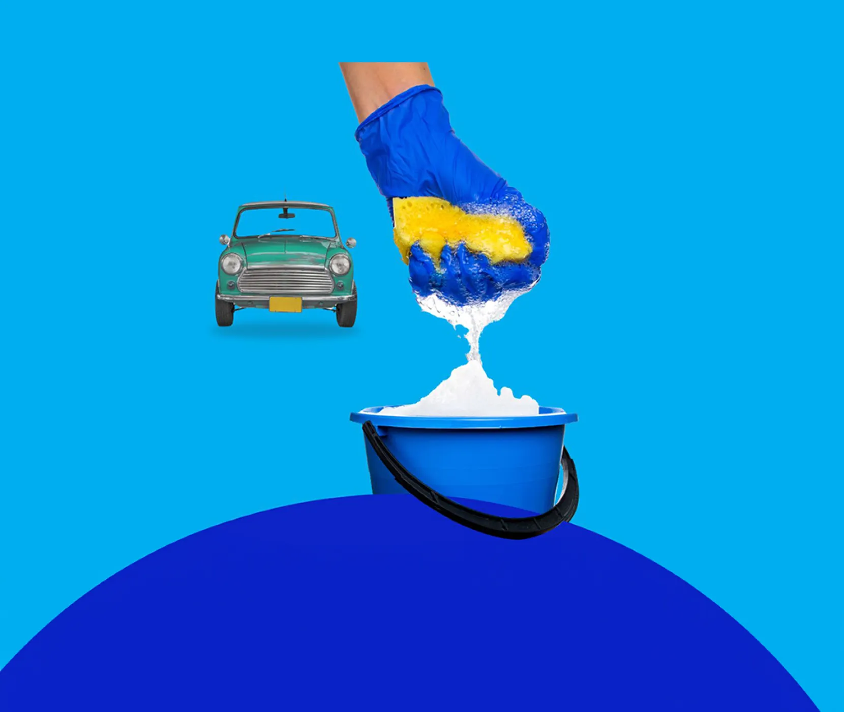 A person squeezing a sponge with soap in a blue bucket and a green car behind them