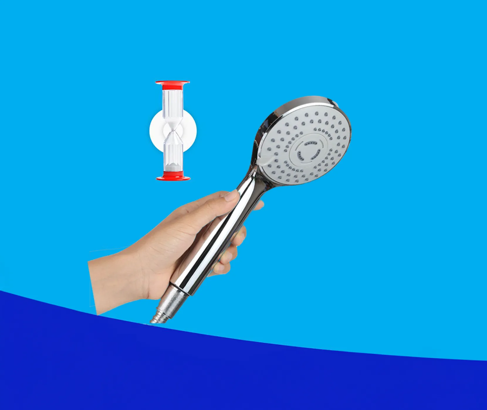 A person holding a shower head and a red hourglass above it