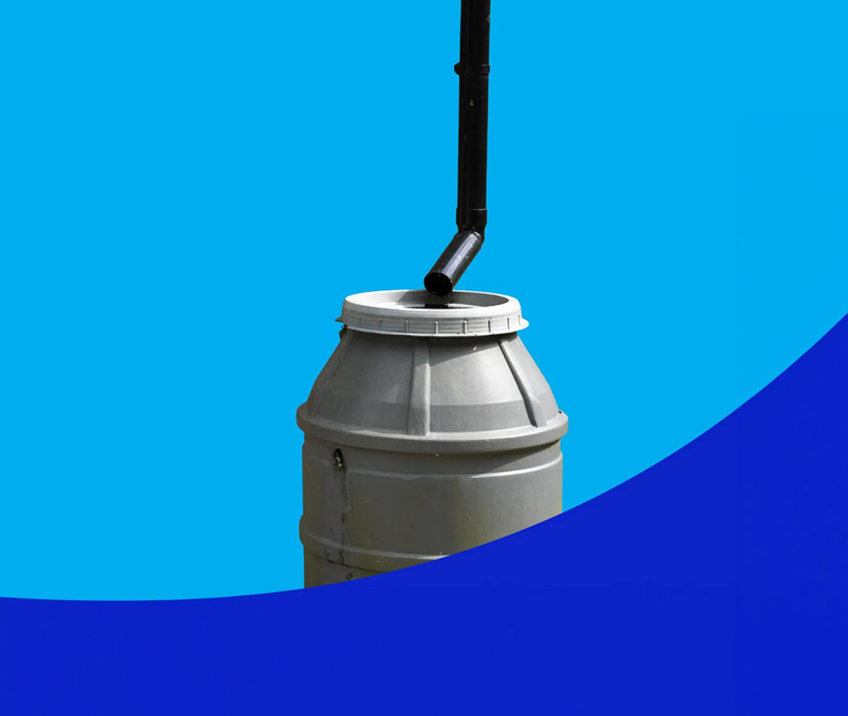 A water butt with a blue background