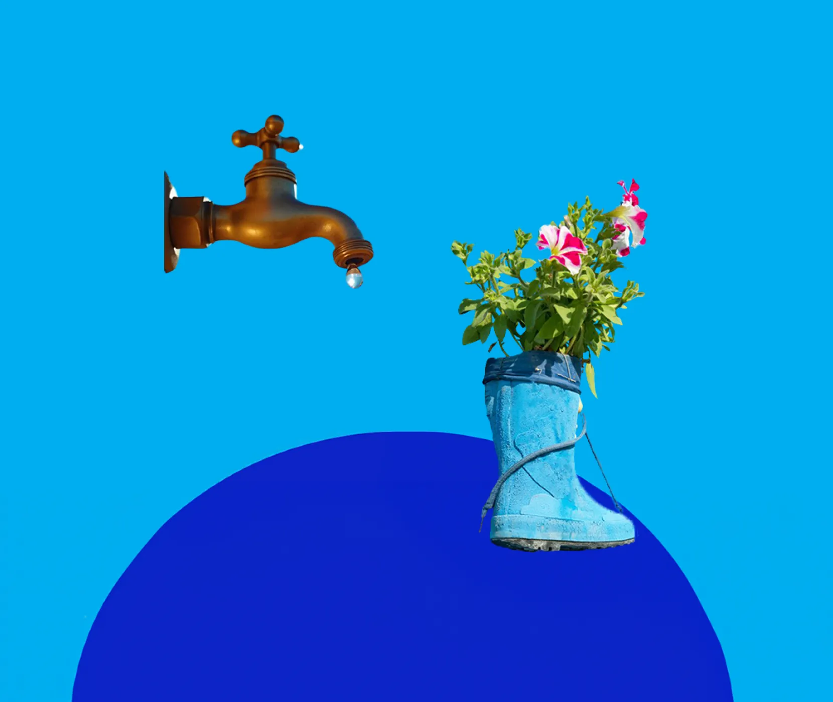 A garden tap over a boot with a flower in the boot