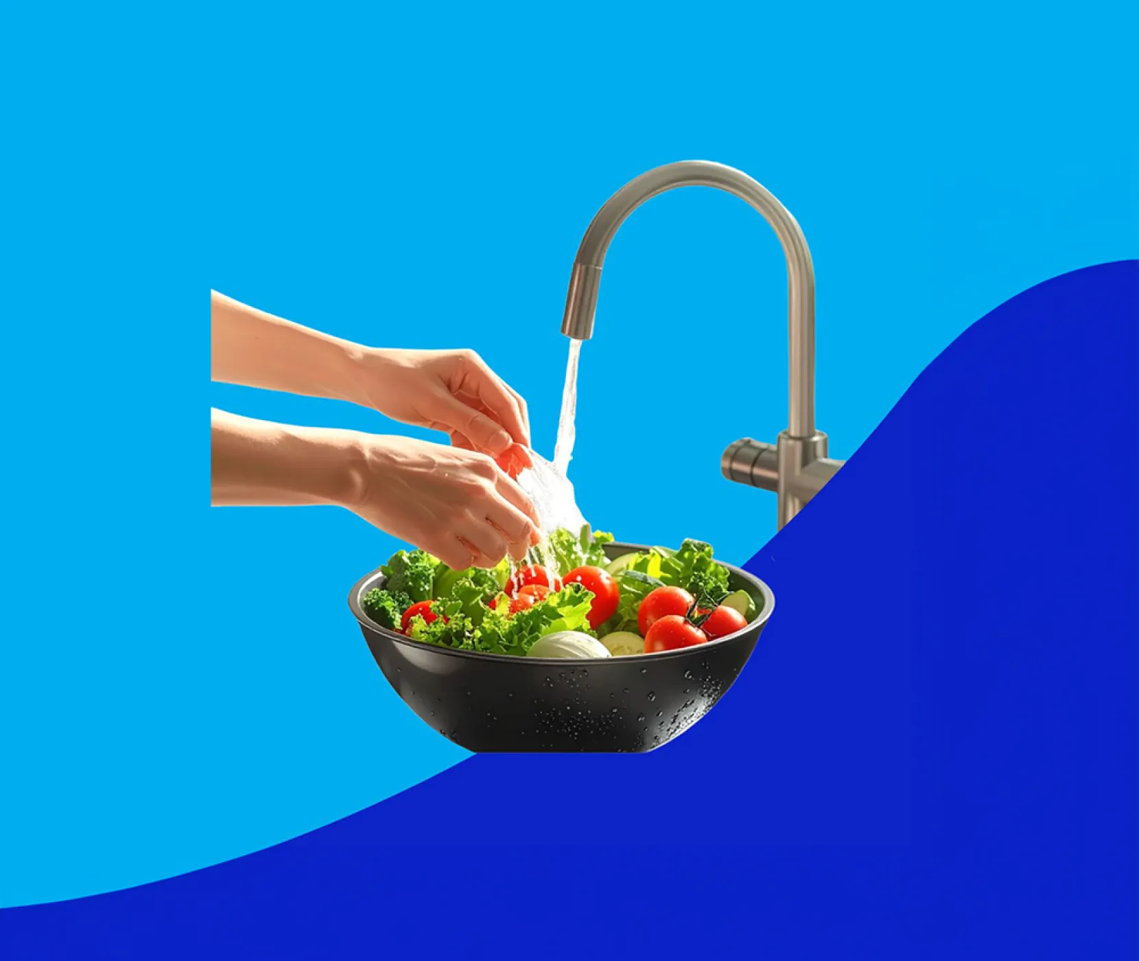 A person washing a bowl of vegetables